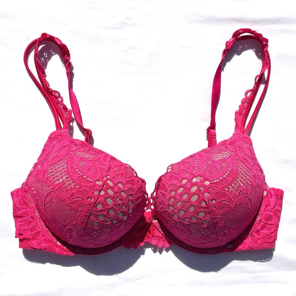 Victoria’s Secret Bombshell Plunge Bra 34B Pink Lace Push Up Adds 2 Cup Sizes